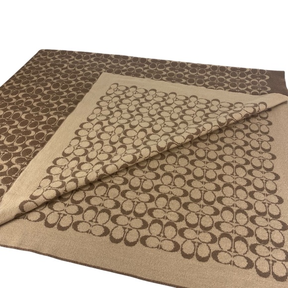 Coach Wool Blend Signature Logo Blanket Throw Wrap Large 39x57” Tan Brown Shawl - Picture 9 of 9
